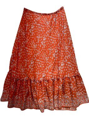 Max Studio Women's Tiered A-Line Midi Skirt Stretch Size XL Orange White Floral